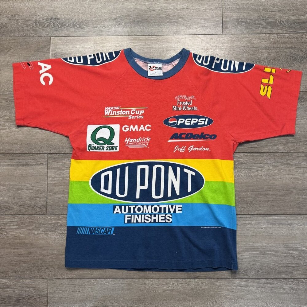 Vintage 1998 Jeff Gordon Shirt L Dupont Rainbow AOP Nascar 24 Sponsors Chase USA